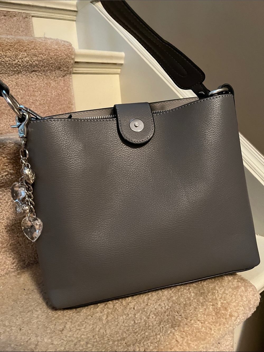 Modern Gray Shoulder Bag with Charm Accent